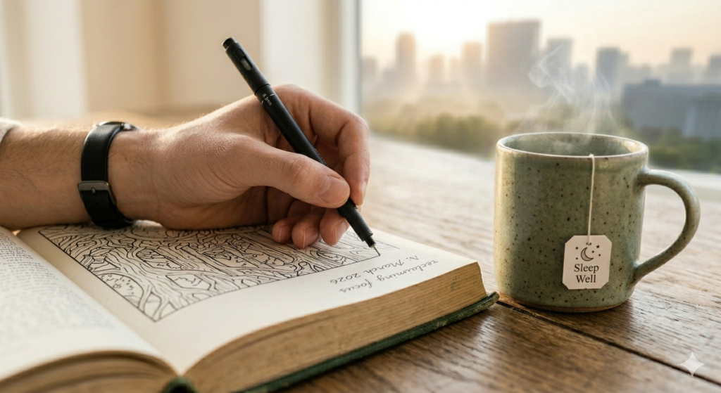 Close-up of a hand carefully coloring an intricate pattern in a high-quality coloring book next to a cup of tea.