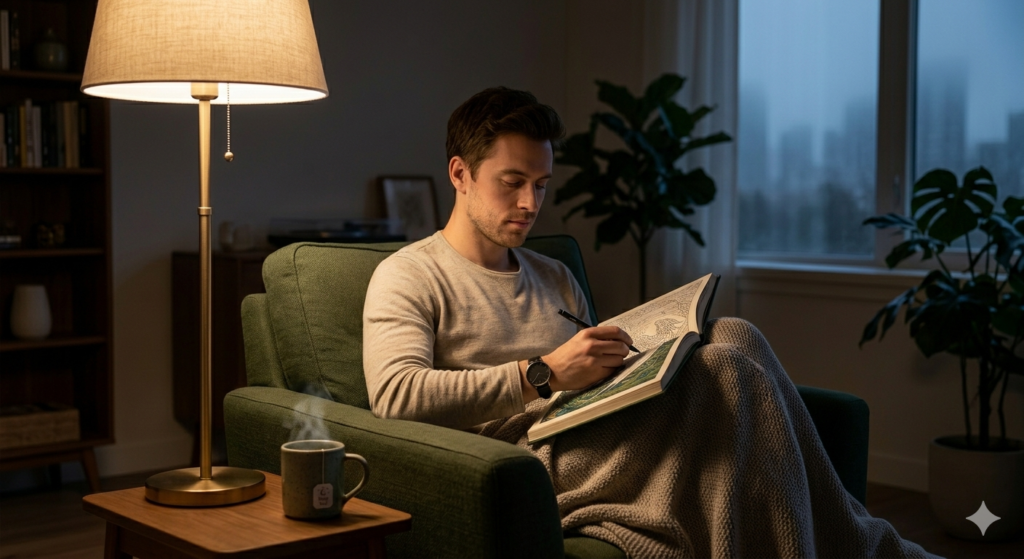 A peaceful evening scene of an adult relaxing in an armchair with a coloring book under warm lamp light.