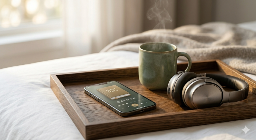 Minimalist morning setup with a smartphone running the best audiobook app and a cup of coffee.
