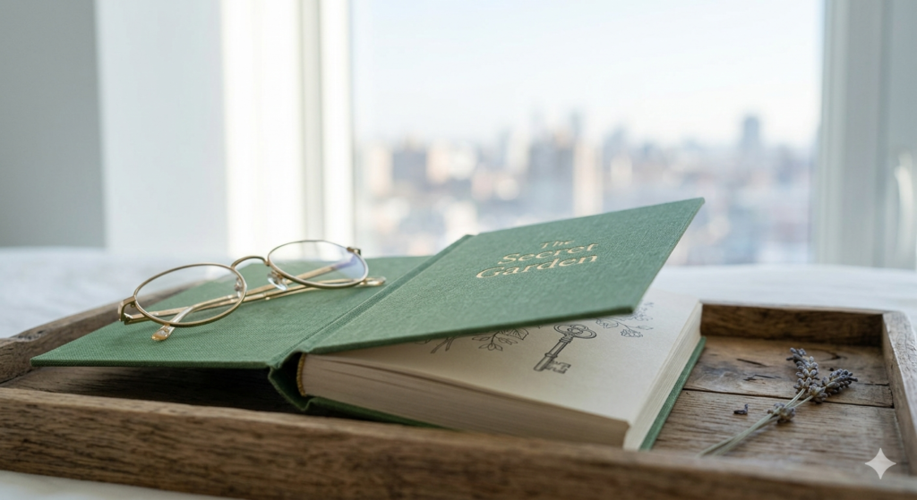 "A minimalist close-up of 'The Secret Garden' fabric-bound book and gold glasses on a wood tray with city views."