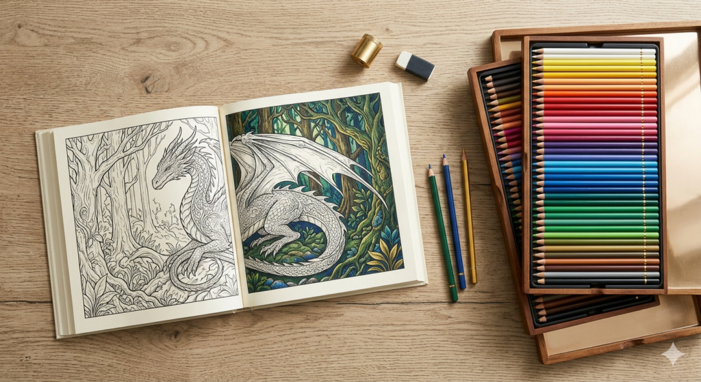 A top-down aesthetic view of a professional adult coloring book and colored pencils on a wooden desk.
