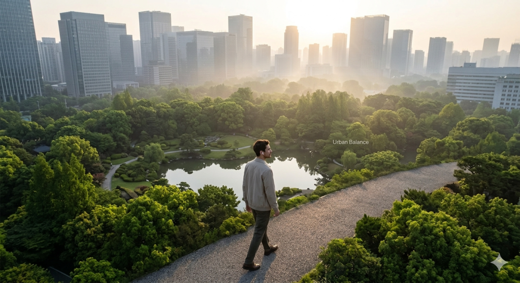 Urban professional enjoying a story through one of the best audiobook apps during a mindful morning walk.