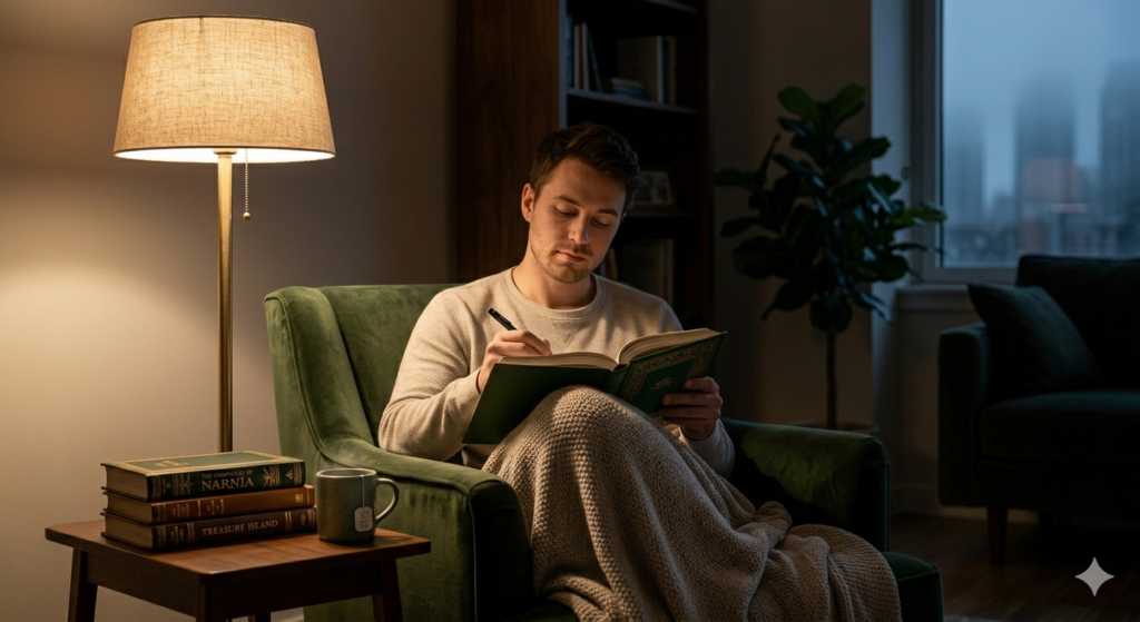 "A cozy evening reading nook with a soft 2700K floor lamp, green armchair, and a stack of classic children's books."