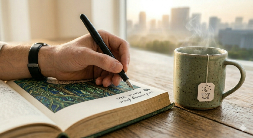 "An artistic close-up of a hand writing in the margin of a classic book with a fountain pen and a steaming tea mug."