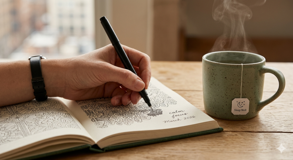 An artistic close-up of a hand using a fine-liner on an adult coloring book next to a steaming cup of tea with a "Sleep Well" tag