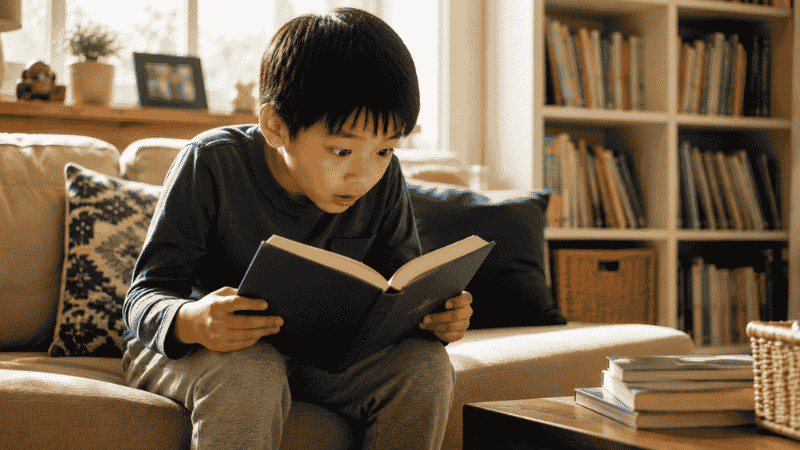 A 7-year-old child sitting on a couch completely lost in an adventure chapter book, leaning forward with excitement