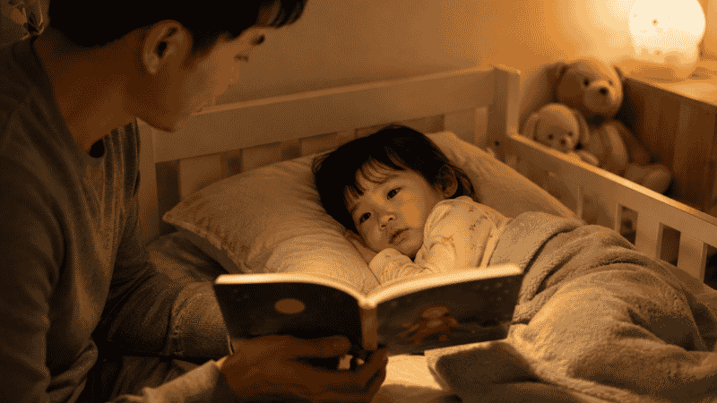 A parent reading a bedtime board book to a sleepy 2-year-old toddler tucked in bed under a soft blanket