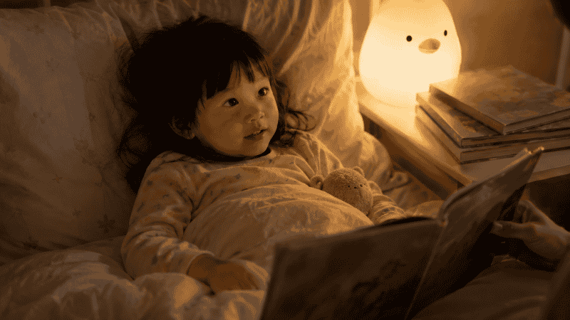 Toddler in pajamas listening to a bedtime story in a softly lit bedroom with picture books on the nightstand
