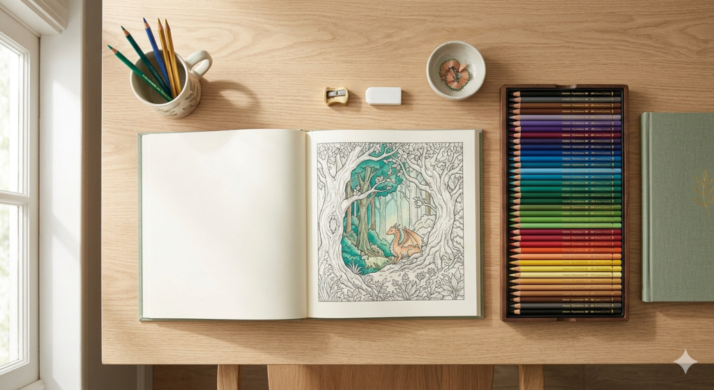 A minimalist flat lay of an open adult coloring book featuring a dragon illustration with professional oil-based pencils on an oak desk