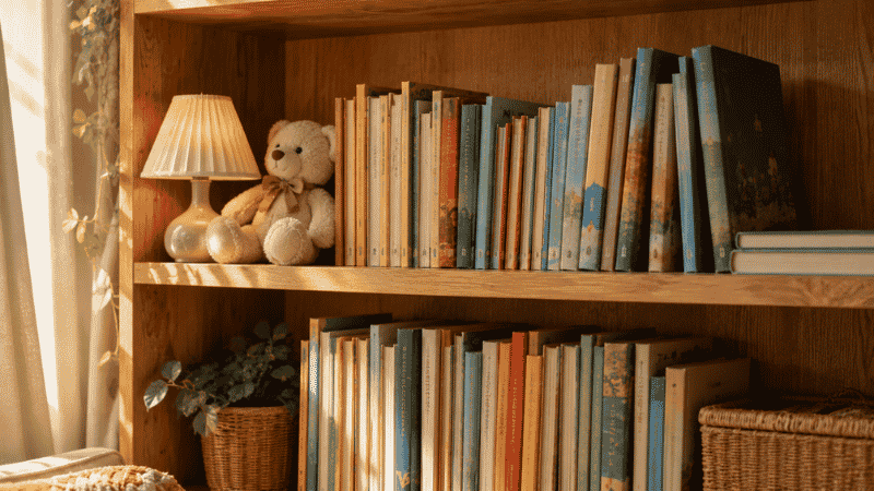 A curated mix of picture books, early chapter books, and graphic novels for 6-year-olds arranged on a wooden shelf