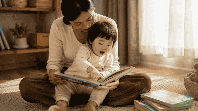 A mother and her 2-year-old toddler sitting on the floor reading a colorful board book together at home