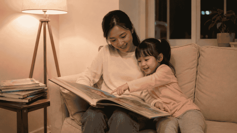 A mother and her 3-year-old daughter reading a picture book together on a cozy couch at bedtime