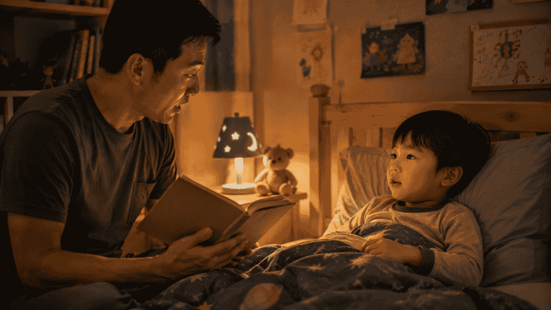 A parent and 4-year-old child reading a picture book together on a cozy couch, the child pointing at the illustrations with delight