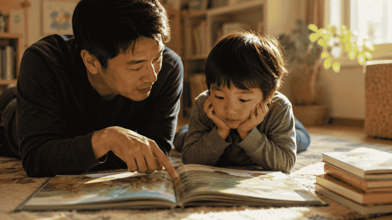 A parent and 5-year-old child reading a picture book together on the floor, the child fully absorbed in the story