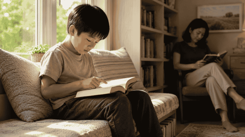 A 6-year-old child reading a chapter book independently on a cozy window seat while a parent reads nearby