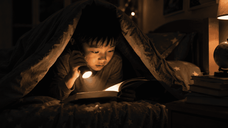 A 7-year-old child reading a chapter book independently under a blanket with a flashlight, completely absorbed in the story