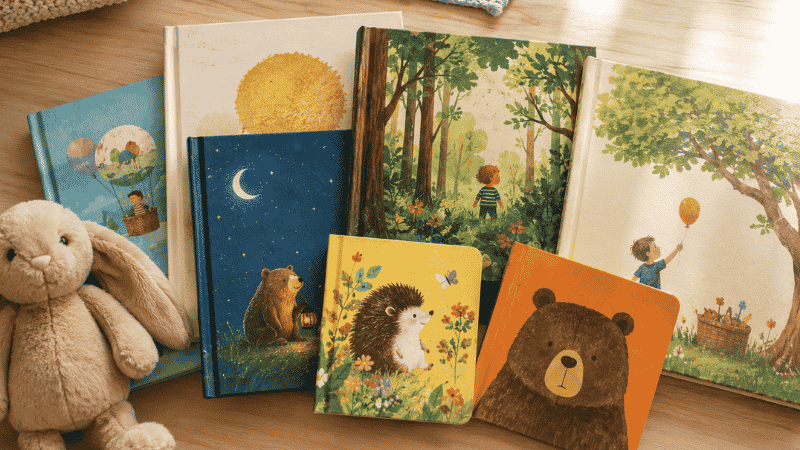 A curated collection of colorful board books and picture books for 2-year-old toddlers arranged on a wooden shelf