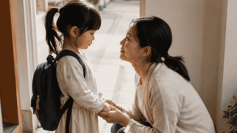 A parent kissing their child's hand before preschool drop-off, evoking the emotional transition books help prepare toddlers for