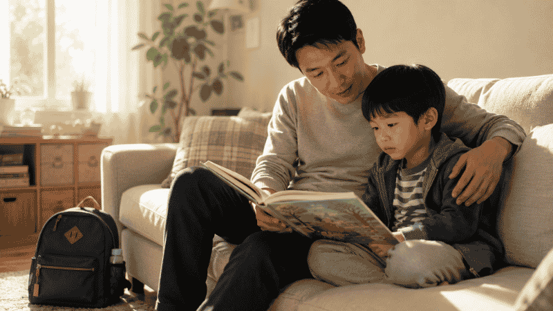 A parent reading a chapter book aloud to a 5-year-old at bedtime, the child leaning in with complete attention