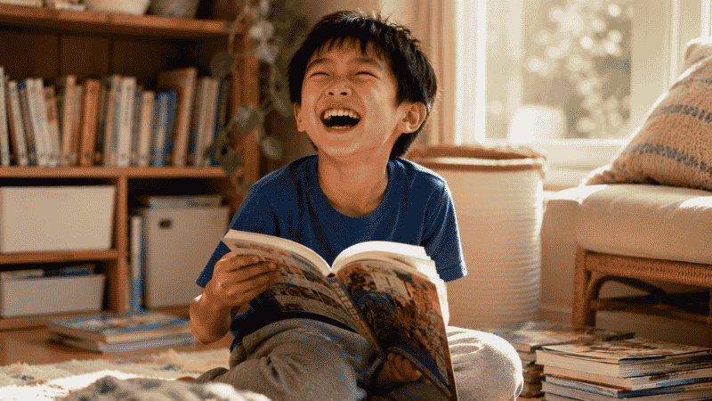 A 7-year-old reluctant reader laughing out loud while reading a funny illustrated book on the floor, surprised by their own enjoyment
