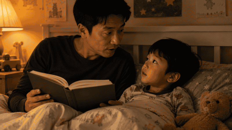 A parent reading a chapter book aloud to a 6-year-old child at bedtime, both visibly moved by the story