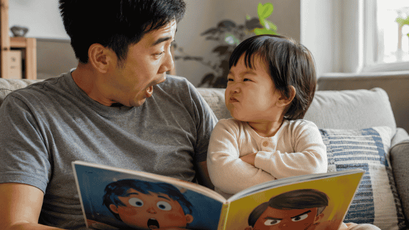A parent and toddler making expressive emotion faces together while reading a feelings picture book on the couch