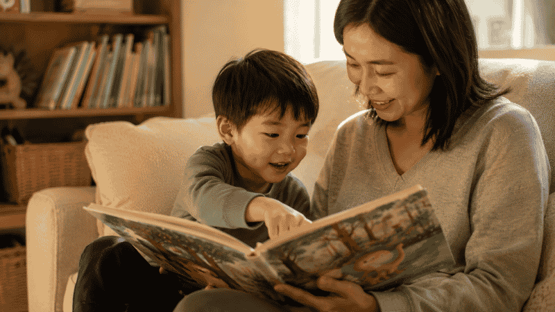 A parent reading a short chapter book aloud to a focused 4-year-old child at bedtime, both absorbed in the story