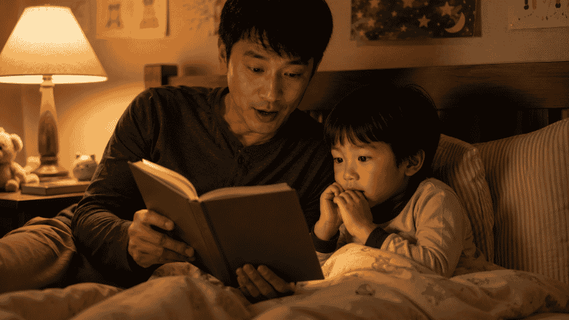 A 5-year-old child with a small backpack sitting with a parent reading a picture book together before the first day of school