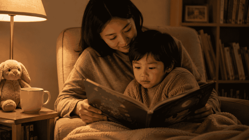 A parent dramatically performing a read-aloud for a laughing 4-year-old, both fully engaged in a funny picture book