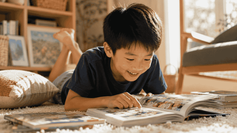 A 6-year-old child lying on the floor reading a graphic novel independently, completely absorbed and smiling