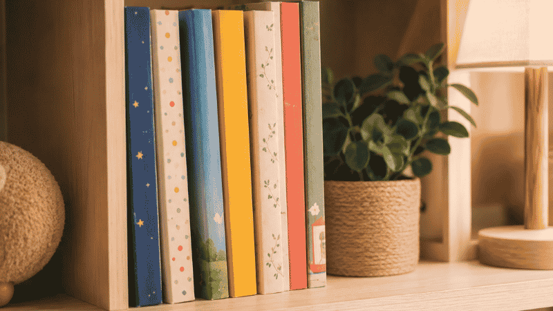 A curated stack of colorful picture books for 3-year-olds arranged on a wooden shelf with a soft reading light
