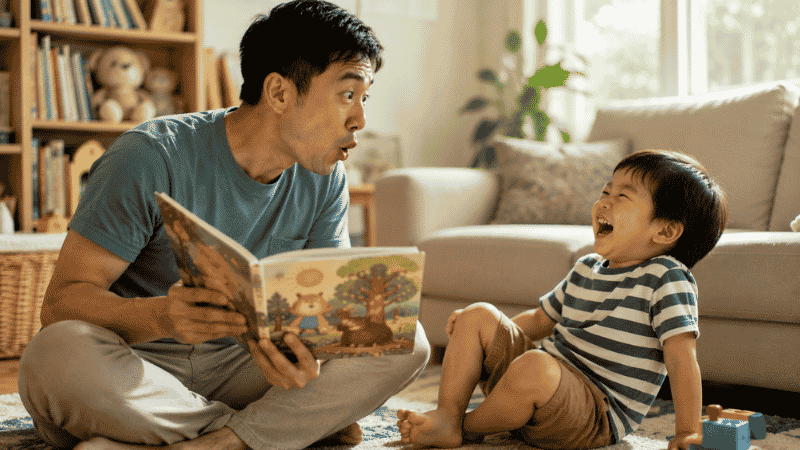 A parent and 4-year-old sitting quietly together reading a picture book, the child looking thoughtful and emotionally engaged