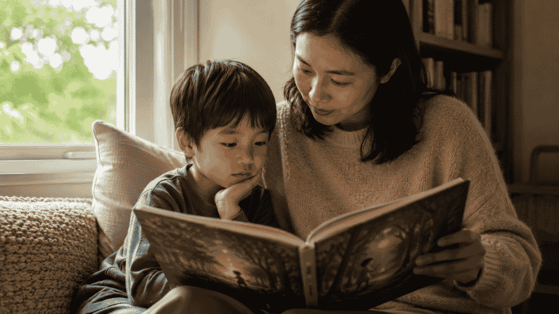 A 5-year-old child looking thoughtfully at a picture book illustration, sitting beside a parent in a cozy reading corner