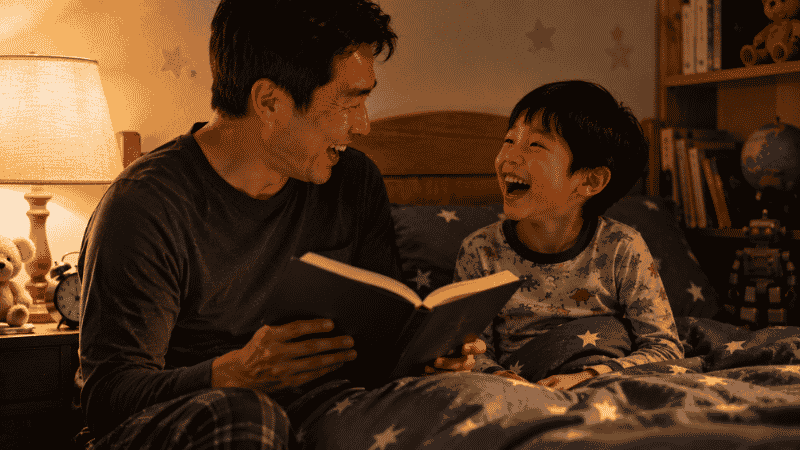 A parent reading a chapter book aloud to a 7-year-old at bedtime, both laughing at something in the story