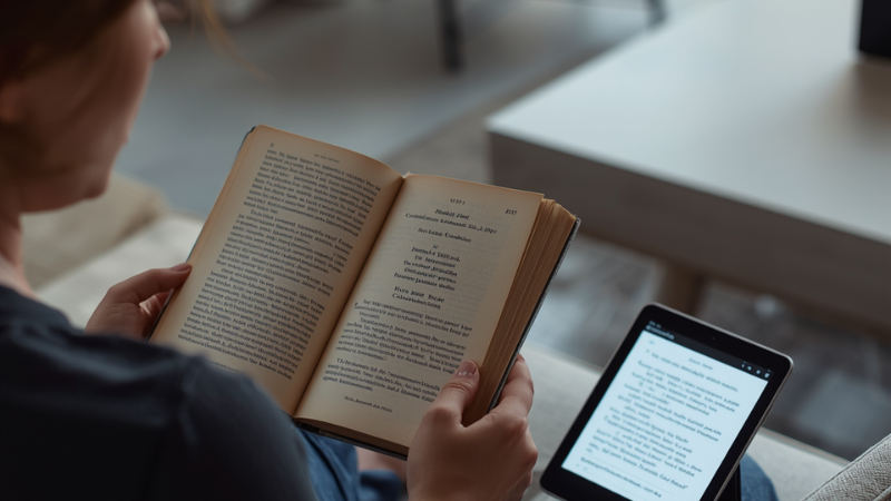 A person in a modern minimalist room reading a classic paperback edition of George Orwell's 1984, with a glowing digital tablet on the side to represent the contrast between classic literature and modern digital surveillance.