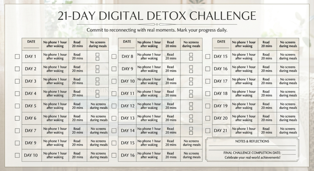 A professional 21-day digital detox checklist template with daily tasks like reading and screen-free meals.