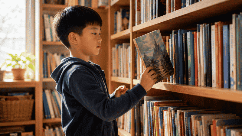 An 8-year-old child independently browsing and choosing books from a bookshelf, looking confident and curious