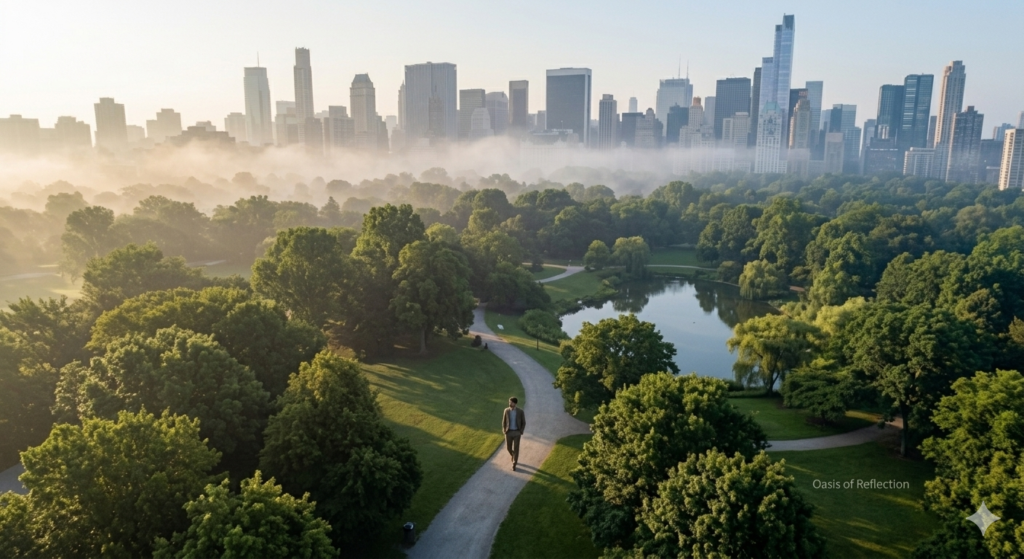 Urban professional walking in a lush city park, symbolizing personal growth and mental clarity in a busy world.