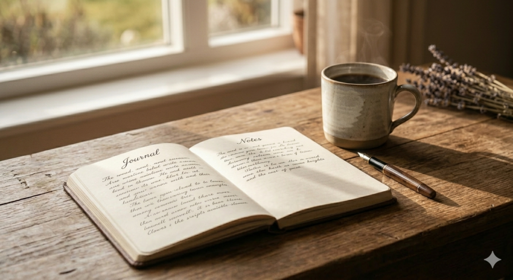 Minimalist home office setup with an open self improvement book and coffee, symbolizing a focused morning routine
