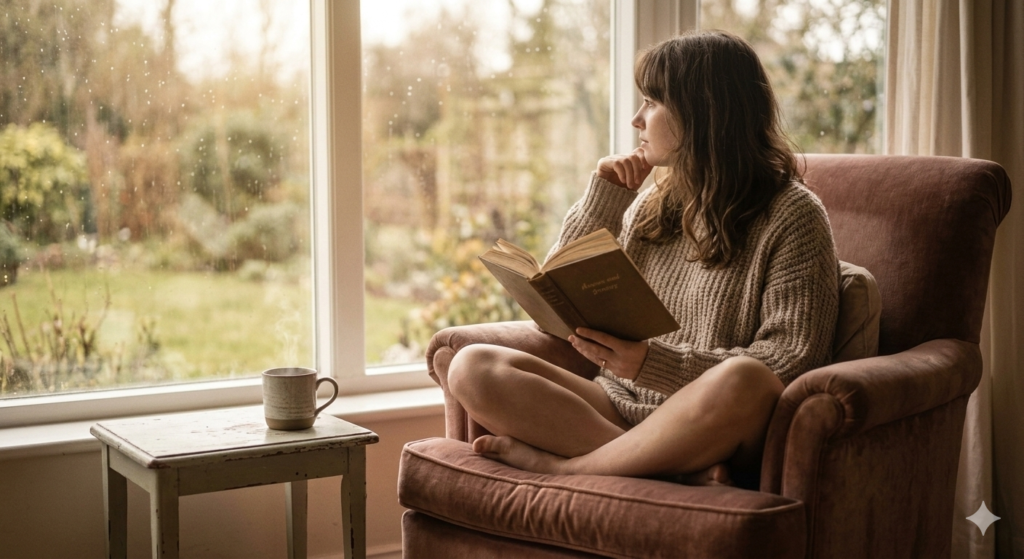 A thoughtful book lover sitting in a warm rustic armchair by a window, reading an open poetry book and looking contemplative, soft golden morning light.