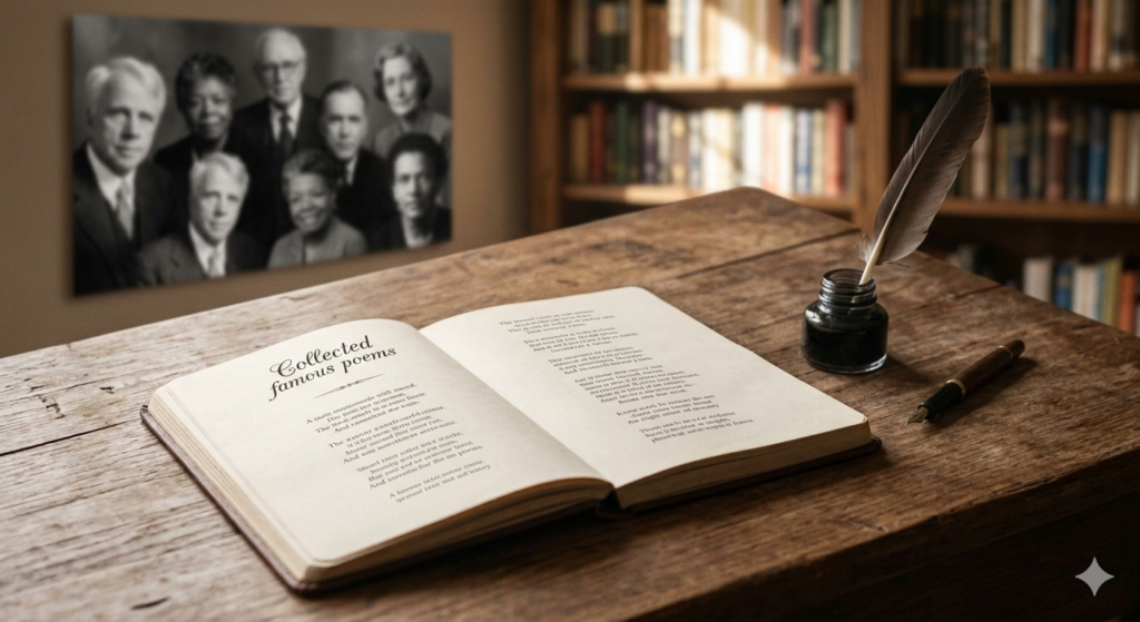 Close-up of an open antique book of famous poems, dark inkwell and quill, diverse poets' portraits in a warm home library.