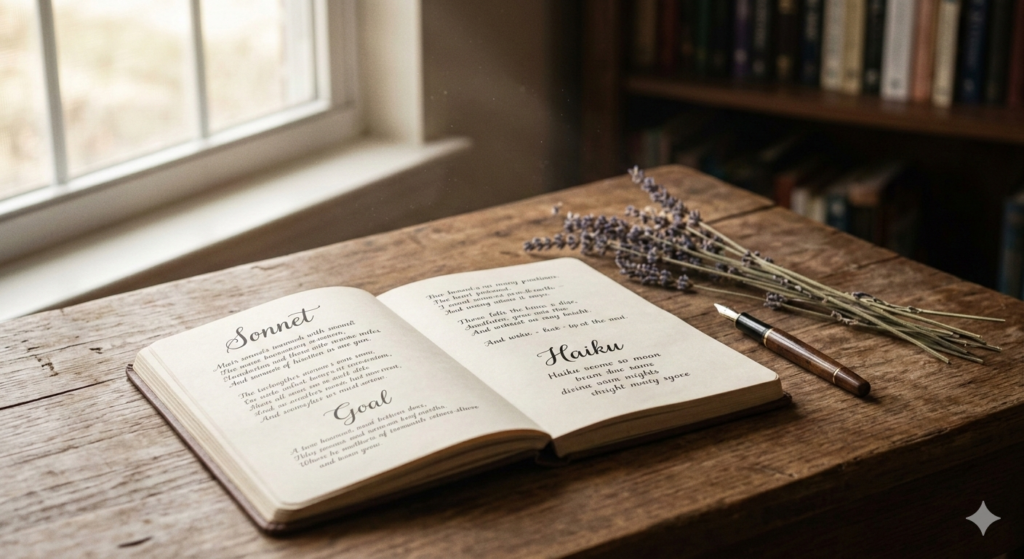 Handwritten sonnet, haiku, and free verse poems labeled in a vintage notebook, a rustic study desk by natural window light.