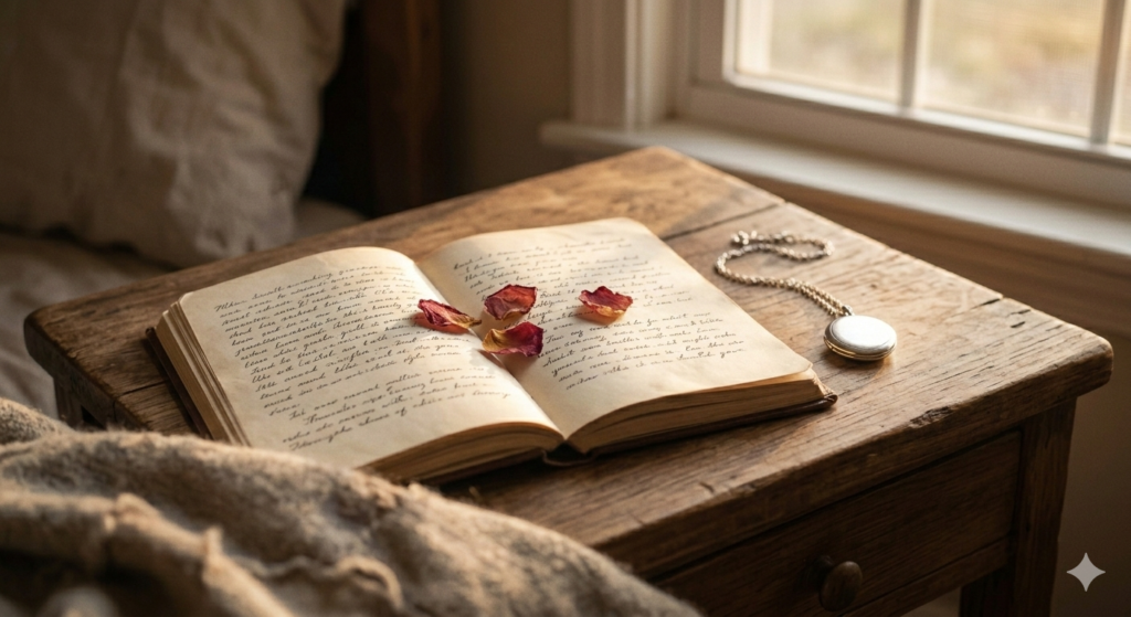 Handwrittencursive in an open vintage journal, dried red rose petals and a silver locket, a close-up romantic setting in soft golden hour light.