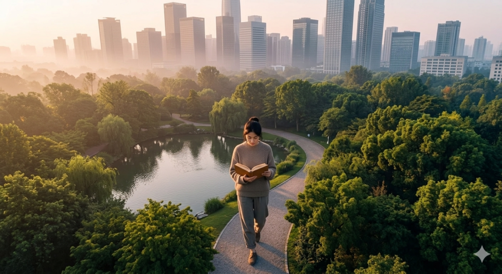 Urban professional balancing busy city life with personal development through self help books.