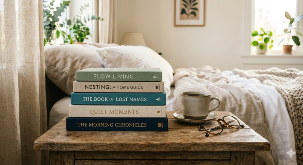 A cozy stack of books on a bedside table with coffee and glasses, representing a slow morning without digital distractions.