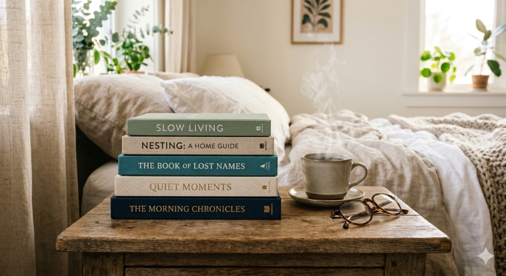 A cozy stack of books on a wooden bedside table next to a cup of coffee, illustrating a screen-free morning routine.