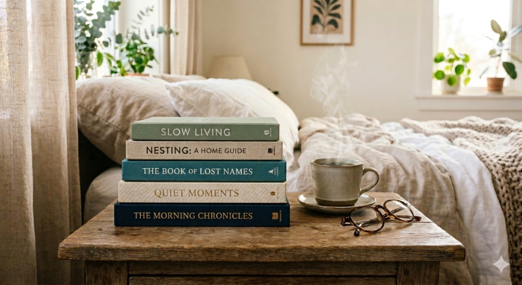 An aesthetic stack of books on a wooden bedside table with a cup of coffee, representing a screen-free morning environment.