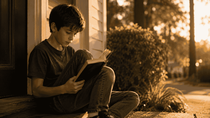 A 10-year-old child sitting at a threshold — on porch steps or a window ledge — reading a serious novel alone, at the edge of something new