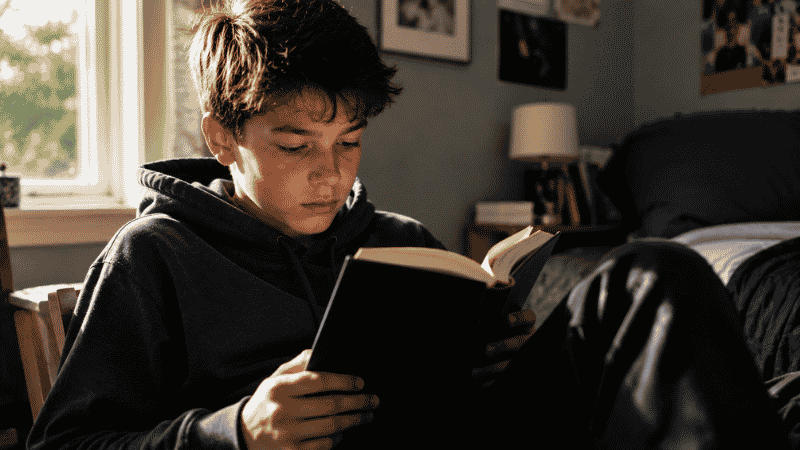 A 12-year-old teenager sitting alone reading a serious novel, expression thoughtful and completely absorbed, at the edge of adolescence