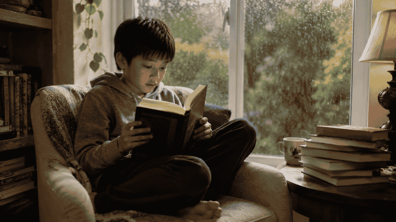 An 8-year-old child sitting alone at a window reading a thick chapter book with complete independence and absorption